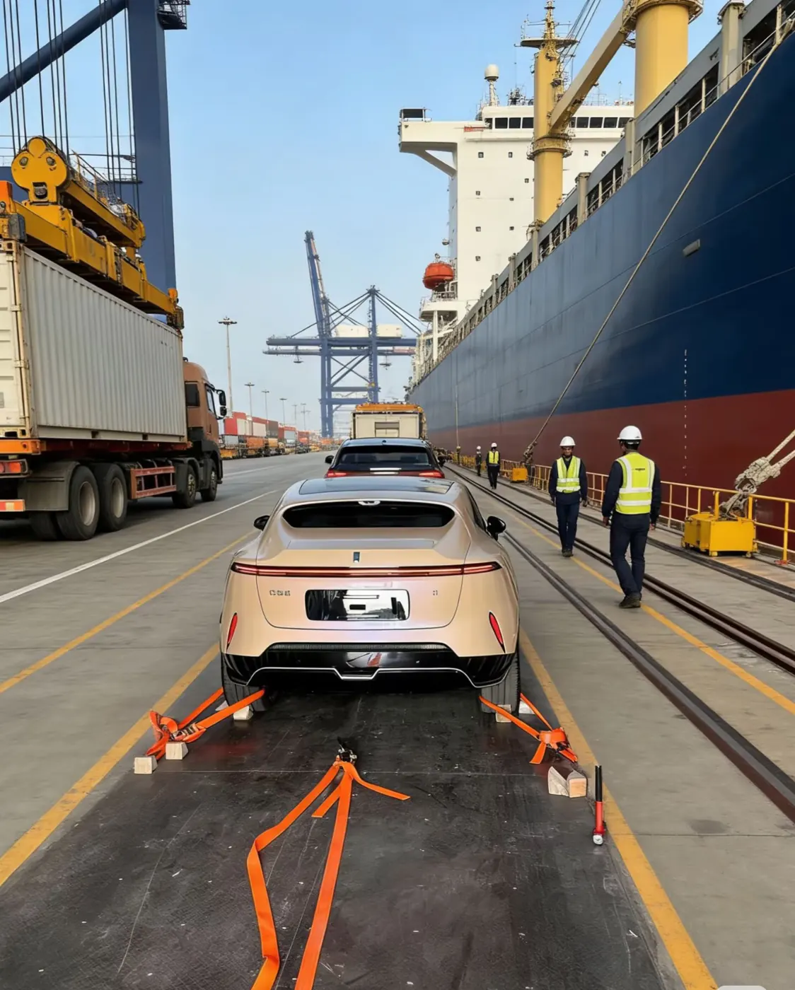 Vehicle lashed for loading on the port quay